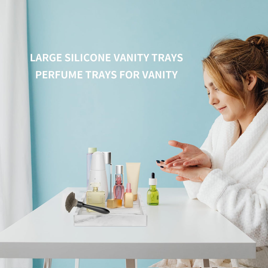 BBK Bathroom Vanity Tray 11.8 in- 2 Pack(Large) Silicone Bathroom Tray for Counter, Perfume Key Trinket Ring Tray, Decor Soap Dispenser Countertop Tray for Kitchen Sink Organization(Faux Marble Look)