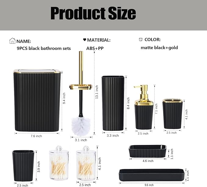 Bathroom Accessory Set,9 Pieces Black Bathroom Accessory Set with Toothbrush Holder, Trash Can, Lotion Soap Dispenser, Toothbrush Cup, Vanity Tray, Soap Dish, Toilet Brush, Qtip Holder
