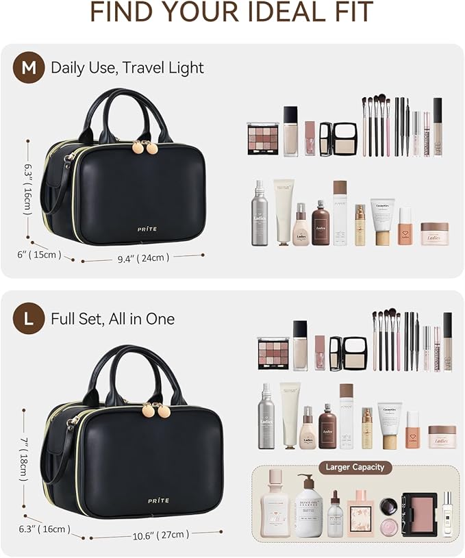 Prite Makeup Bag for Women, Large Capacity Waterproof Travel Cosmetic Organizer, Portable Open Flat Toiletry Bag with Free-standing Brush Holder and Handle(Black Medium)