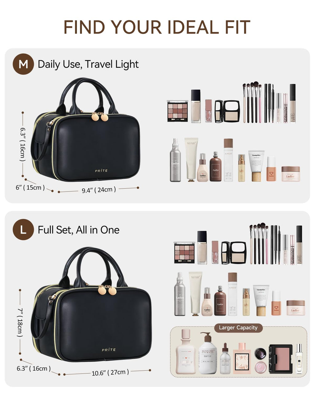 Prite Large Makeup Bag, Waterproof Travel Cosmetic Case with Brush Holder