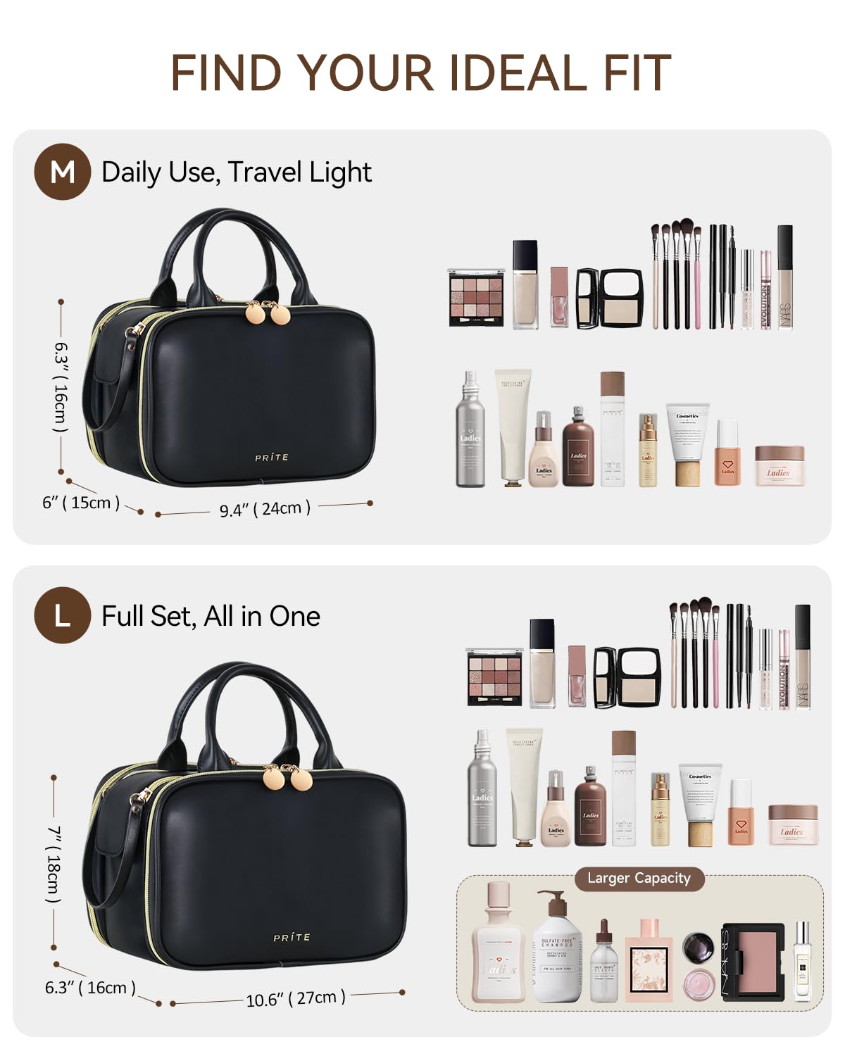 Prite Large Makeup Bag, Waterproof Travel Cosmetic Case with Brush Holder