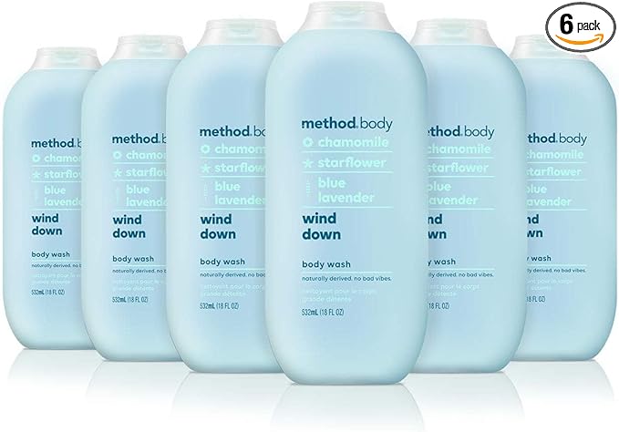 method Body Wash, Wind Down - Leaves Skin Feeling Soft & Moisturized, Made Without Parabens, Notes of Chamomile, Starflower & Blue Lavender, 18 fl oz - 6 pack