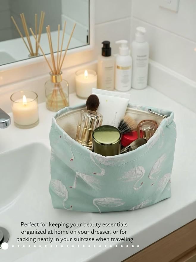 RIKMOXR 2-Pack Swan Print Makeup Bag Set - Large Capacity Light Blue Cosmetic Organizer | Travel Toiletry Pouch for Women Girls (Cute Animal Print, Zipper Closure)