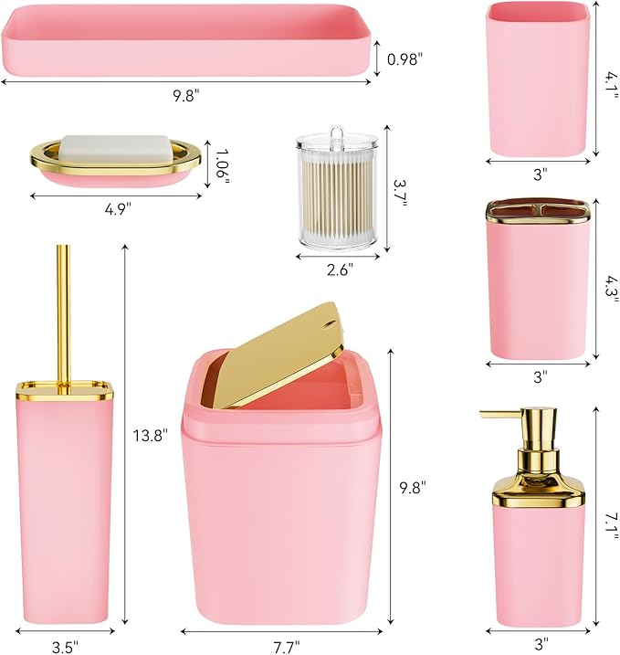 XLHOMO Bathroom Accessories Set - Luxury Pink Bathroom Set, 9 Pieces Bathroom Accessory Set, Pink Bathroom Accessories with Trash Can, Toilet Brush & Soap Dispenser