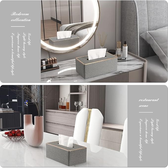 Tissue Box Cover, PU Leather Tissue Box Holder Rectangular Box Covers for Home/Office/Car Decoration 9.84"X5.23"X3.77" - Grey