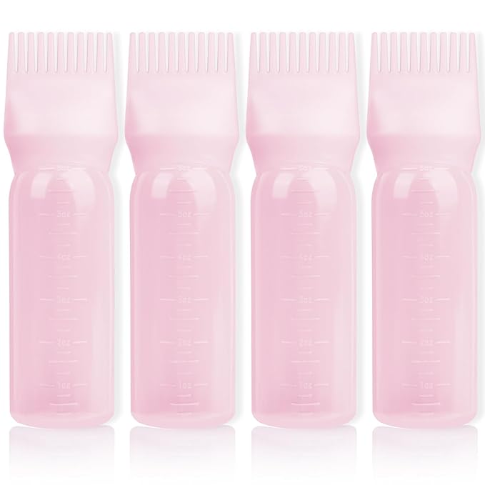 BLAAROOM Root Comb Applicator Bottle 6 Ounce, 4 Pack Hair Oil Applicator with Root Comb Brush for Scalp Hair Oiling - Pink