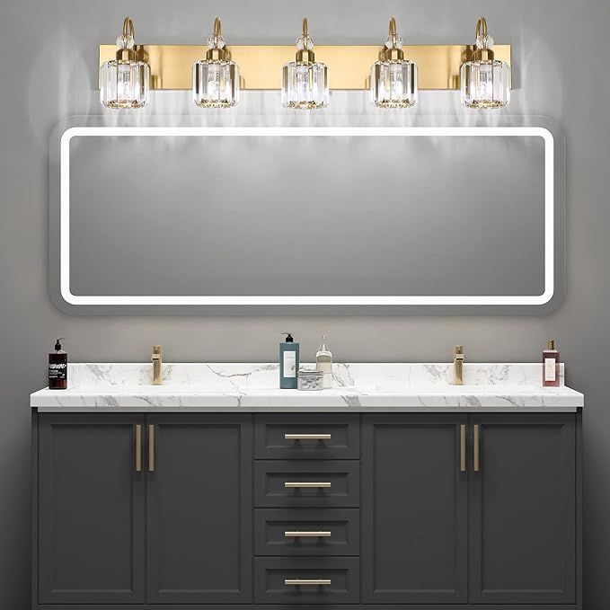 Ralbay Crystal Vanity Lights 5-Lights Brass Gold Over Mirror Modern Bathroom Wall Lighting Fixtures