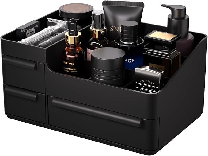 Rasydyn Men's Cologne Organizer with Drawers: Black Men Bathroom Counter Organizer, Dresser Organizer for Shaving Kit, Skincare, Gifts for Men