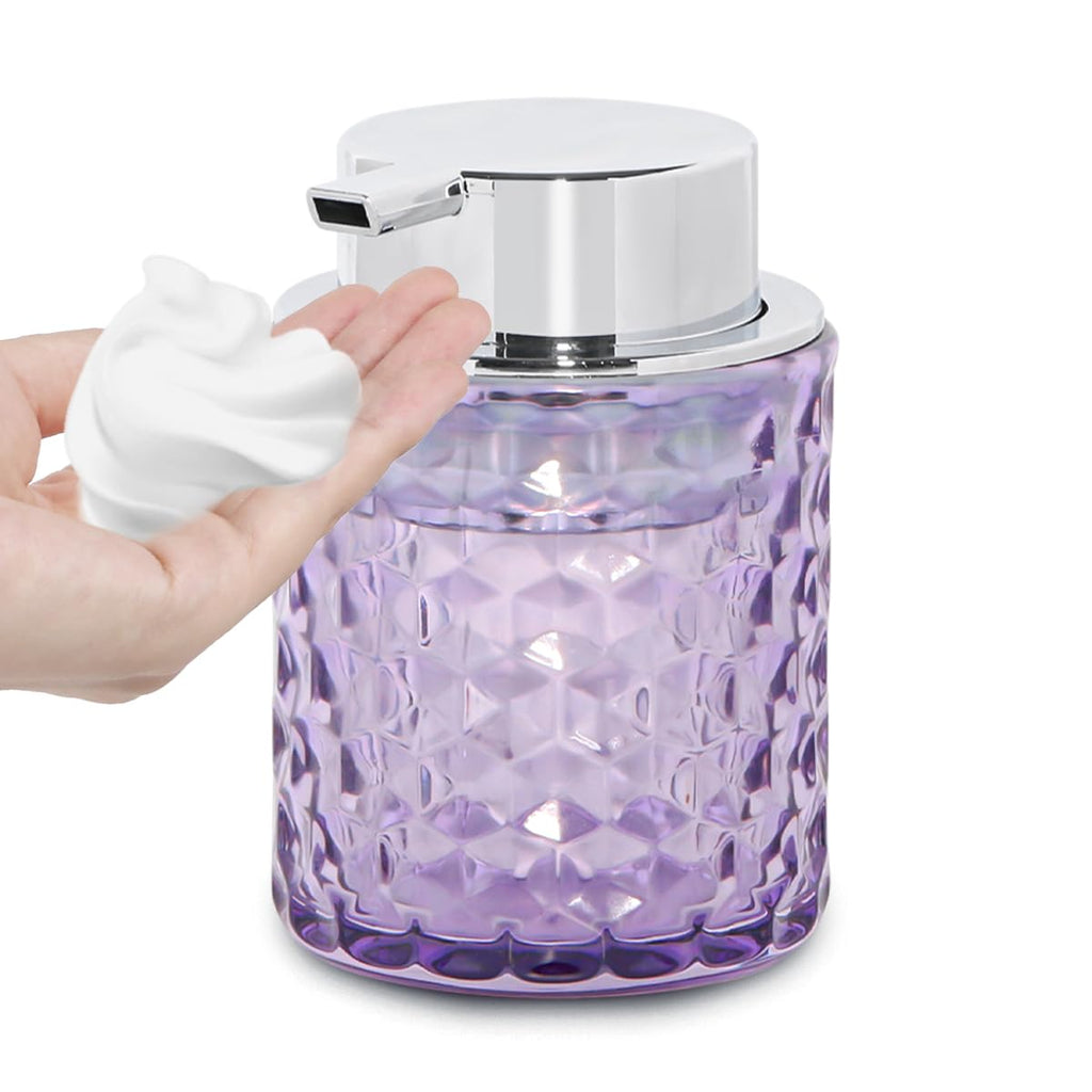 Fvstar 10 Oz Glass Hand Soap Dispenser with Pump, Refillable Bathroom Gold Foaming Soap Dispenser, Vintage Glass Diamond Lotion Container Bottle for Bathroom and Kitchen (1, Purple and Silver)