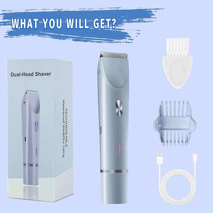 Bikini Trimmer for Women, 2 in 1 Electric Razor & Bikini Shaver for Womens IPX7 Waterproof Body Hair Trimmer and Facial Hair Remover,Blue