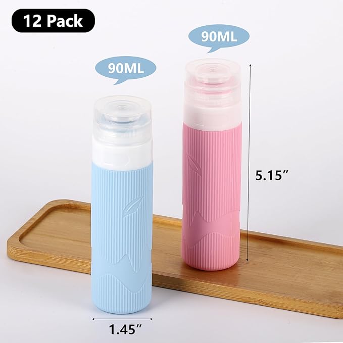 Tbestmax 12 Pack Travel Toiletry Bottles - 3oz Leakproof Silicone Containers, Refillable Travel Accessories for Shampoo, Conditioner, Lotion, 4 Colors
