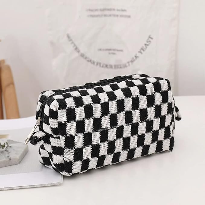 SxoSyo 2 Pcs Checkered Cosmetic Bags, Makeup Brushes Cases, Black