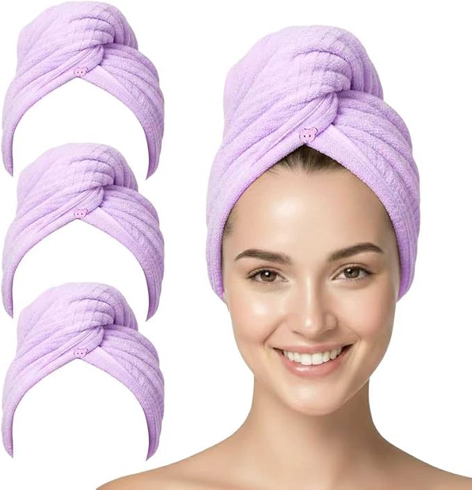3 Pack Microfiber Hair Towel Wrap for Women, Fast Drying Hair Turban with Button, Anti-Frizz Large Hair Towel for All Hair Styles, Soft & Absorbent Hair Drying Towel