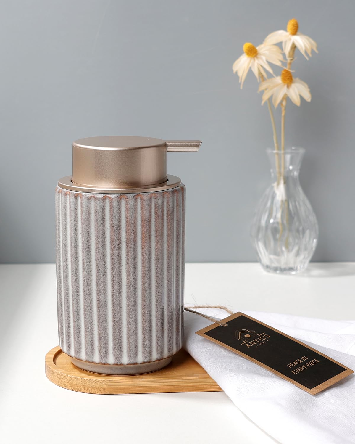 Soap Dispenser, Liquid Ceramic Refillable Hand Soap Pump for Bathroom Kitchen, 10.5OZ Brown Lotion Dispenser Dish Soap Dispenser, Modern Stripe Design, ANTIS'S HOME