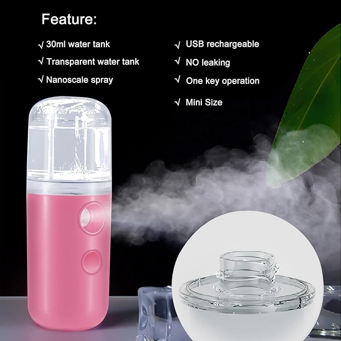 Kingsmile Nano Mist Sprayer, Electric Nano Mister, Portable Face Mister for Eyelash Extensions & Daily Care, Mini Face Humidifier, Facial Mister with 1OZ /30ML Large Capacity Screwing Water Tank Pink