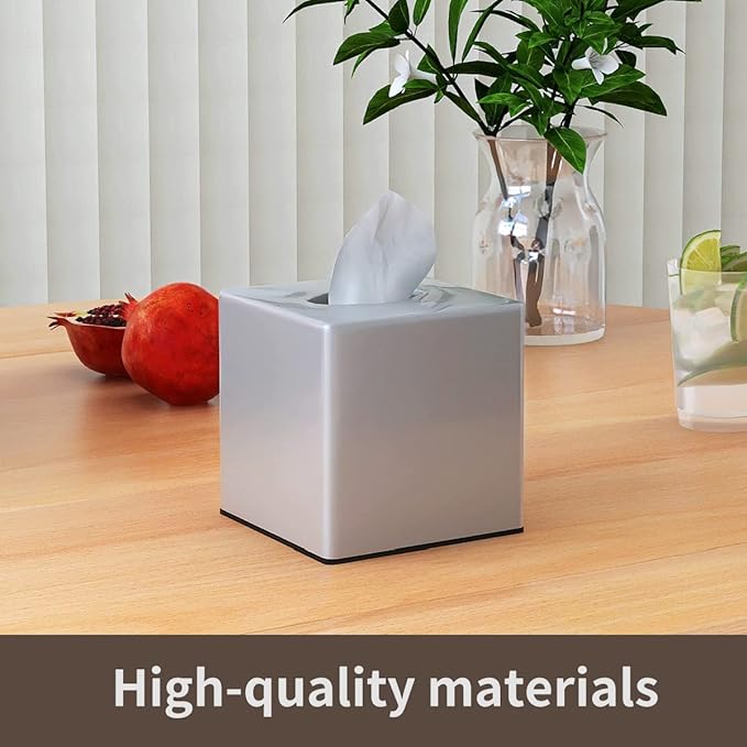 Tissue Box Cover, Decorative Square Facial Storage Tissue Box Holder, Home Accessories for Bathroom Vanity Countertops, Dressers, Night Stand, Parlors and Office - Silver