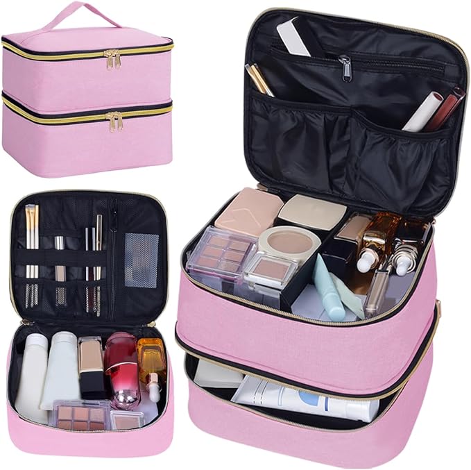 TANPADUAJI Double Layer Makeup Bag Portable Large Cosmetic Case Organizer with Adjustable Dividers Storage Travel Bag for Accessories Brushes Conditioner and Skin Care Products (Pink Gold)