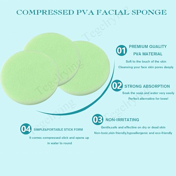 Facial Sponge Compressed,240 Count PVA Professional Makeup Removal Wash Round Face Sponge Pads Exfoliating Cleansing for Women,Green