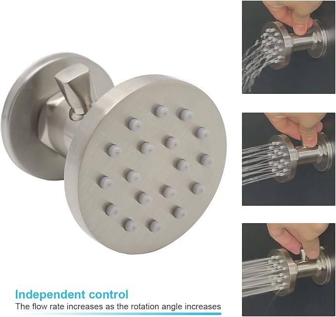 (Upgrade) Backnets Solid Brass Shower Body Spray with On Off Round Massage body jets Wall Mount Spa Jet Shower Heads, 2 inch Shower Body Sprayers Brushed Nickel, Rotating Shower Jet Water Flow Control