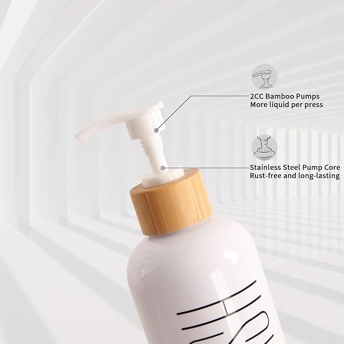 Prus Waso Shampoo and Conditioner Dispenser, Contains Shampoo Conditioner Body Wash Dispenser. Shower Soap Dispenser with Bamboo Pumps & Tray, Perfect for Modern Bathroom Decor. (White)