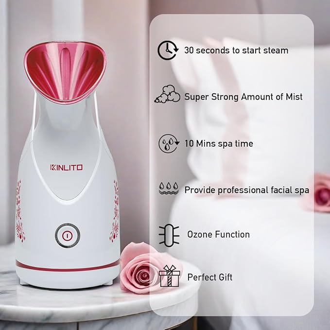 Facial Steamer Ionic Face Steamer for Home Facial, Warm Mist Portable Facial Steamer for Deep Cleaning Unclog Pores with Blackhead Remover, Aromatherapy Kit for Personal Home SPA (Rose Red)