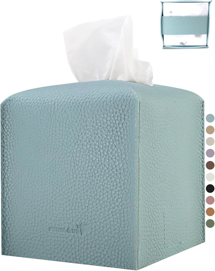 PENGLONG Tissue Box Cover 5X5X5'' PU Leather Tissue Holder Square Tissue Cube Box Organizer for Bathroom Vanity Countertop, Car, Night Stands, Office, Home, Kitchen (1Pack, Light Blue)