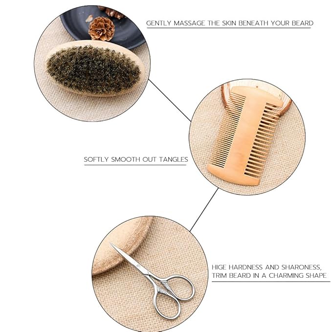 Hair Dough Beard Brush & Comb, Scissors Set for Men, Set Includes Soft Boar Bristle Brush, Bamboo Wide Tooth Comb, and Mustache Trimming Scissors, Straighten & Soften Your Beard
