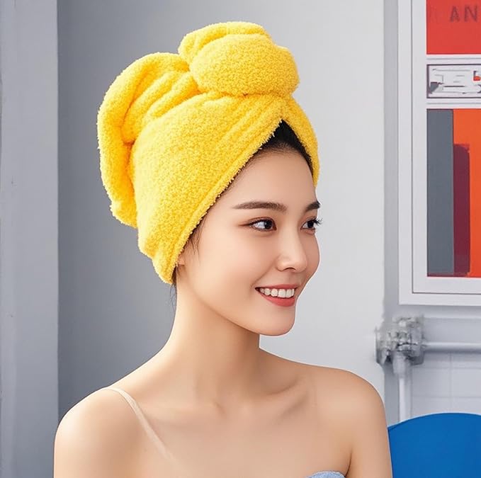 Microfiber Hair Drying Towel Wrap for Women, Hair Turbans Towel for Wet Hair,turbie Twist Hair Towels(The Color of the Picture is for Reference only) (Yellow with bee)