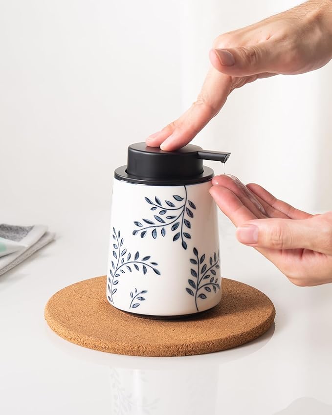 Hand Soap Dispenser for Bathroom, Ceramic Lotion Dispenser, Chinoiserie Bathroom Accessories, Blue and White Leaf