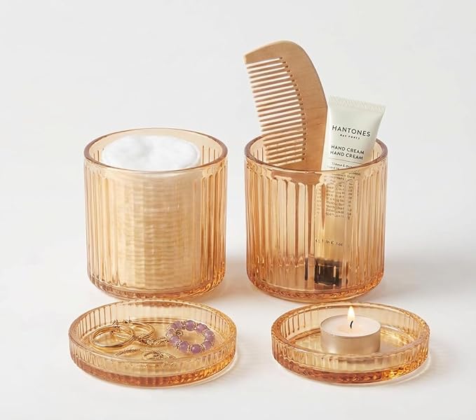 SheeChung Glass Qtip Holder Dispenser, 2-Pack Apothecary Jars- Vintage Sunburst Bathroom Organizer & Storage Set -Vanity Canister for Cotton Swabs, Balls, Pads - Luxury Modern Farmhouse Decor (Amber)