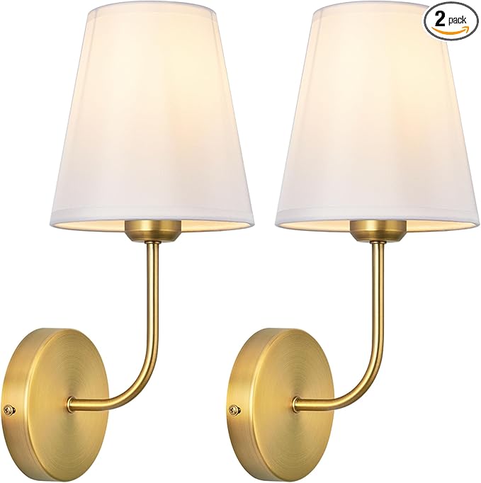 Antique Brass Hardwired Wall Sconce Set of 2 - Gold Finish with White Fabric Shades，Bedroom Lighting, Living Room, Farmhouse, Fireplace, Hallway, Bedside Lamp,Bathroom Wall Lights
