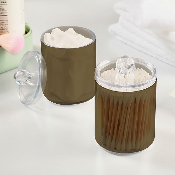 Tan Qtip Holder Organizer Dispenser Cotton Swabs Cans Plastic Jars with Lid Set 2 Pack Bathroom Storage Canister for Cotton Ball Floss Cotton Pads