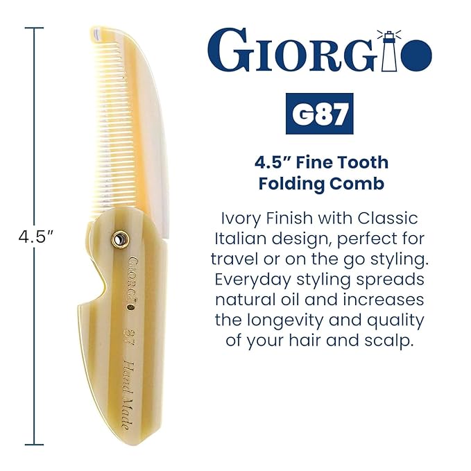 Giorgio G87 IVY 4.5 Inch Folding Mustache and Beard Comb, Small Pocket Comb for Men Everyday Grooming and Hair Care. Handmade, Saw-cut and Hand Polished Styling Men's Folding Combs. 2 Pack, Ivory