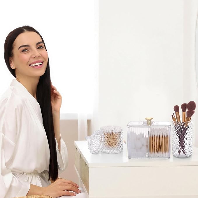 3 Pcs Qtip Holder Dispenser Bathroom Set Cotton Ball Holder Cotton Swabs/ball Storage Box 3 Grids Partition Cosmetics Storage Dispenser for Vanity Tray Candy Container Jar For Home (White)