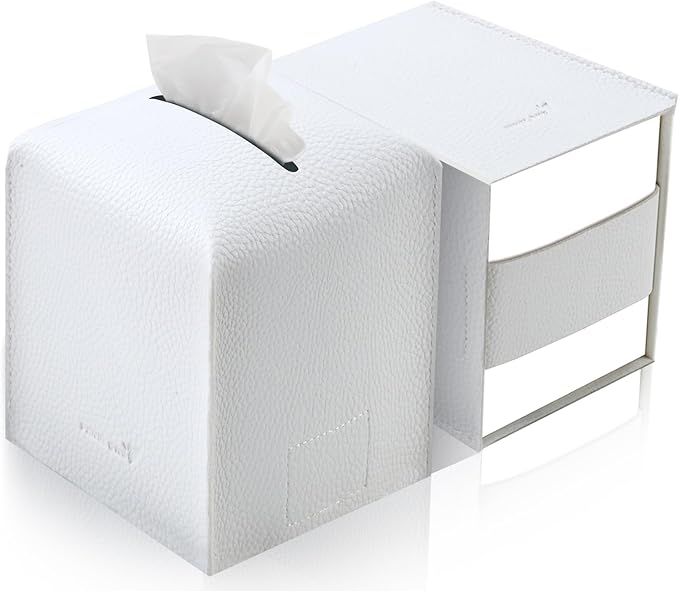 PENGLONG Tissue Box Cover 5X5X5'' PU Leather Tissue Holder Square Tissue Cube Box Organizer for Bathroom Vanity Countertop, Car, Night Stands, Office, Home, Kitchen (2Pack, White)