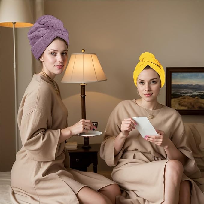 Hair Drying Towel 3 Pack - Ultra Soft Microfiber Turban Twist Hair Wrap for Women - Super Absorbent, Quick Dry Hair Towel Cap for Wet Hair (3 Colors, Yellow Green & Purple)