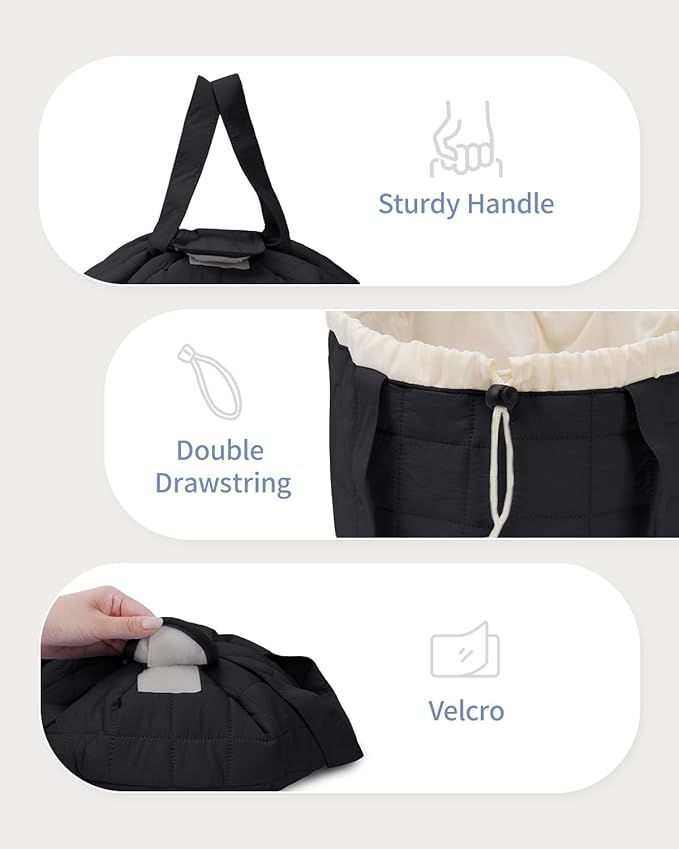 Narwey Lay Flat Open Drawstring Puffer Makeup Bag, Large Quilted Cosmetic Bag for Women Girls, Cute Make up Bags with Handle, Travel Toiletry Bag for Skincare, Brushes & Travel Essentials (Black)