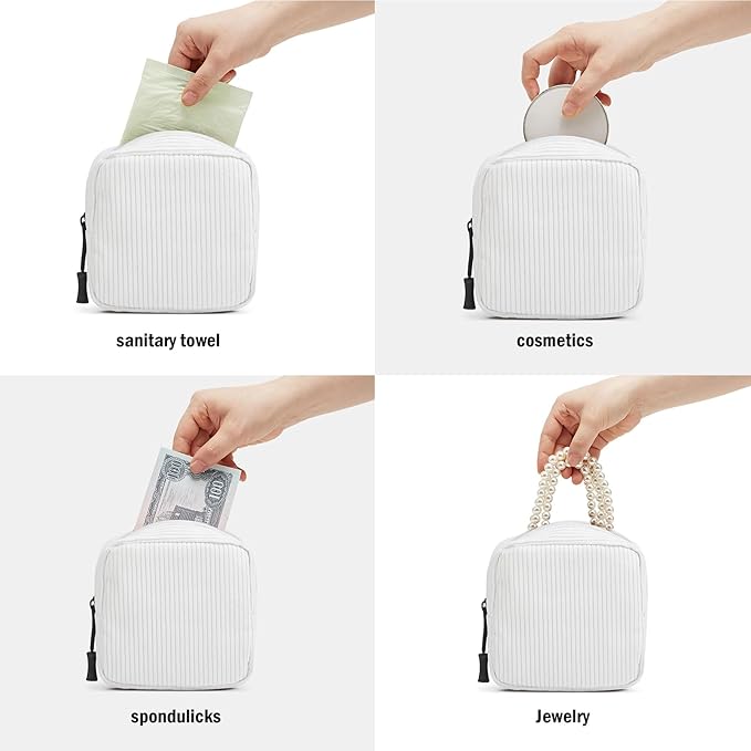 ZOEMTIU Small Makeup Bag for Purse,Mini Cosmetics Bag cute Zipper corduroy Cosmetic Pouch Storage Pouch Travel Toiletry Organizer for Women Girls(White)