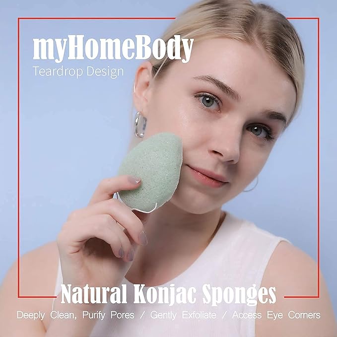 myHomeBody Natural Konjac Facial Sponges – Teardrop Shape - for Gentle Face Cleansing and Exfoliation - with Turmeric Yellow and Aloe Vera, Set of 4