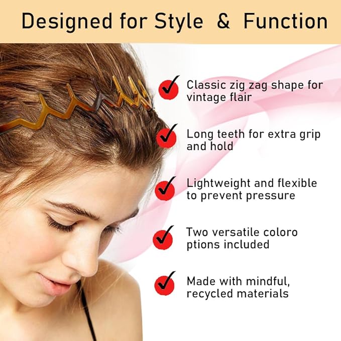 KALIYOTO Zig Zag Headbands - Recycled Plastic Wavy Hair Band with Teeth, Headbands for Women and Men, Classic 90s Hair Accessories, Black and Brown - 2 pcs