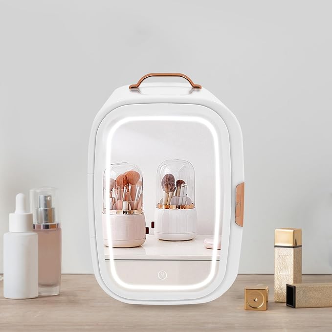 REHOUPTU Cosmetic Fridge with LED Mirror & Adjustable Shelves, 12V/110V Mini Skincare Refrigerator for Bedroom, Vanity, Office, 4 Gal, Gift for Women (White)