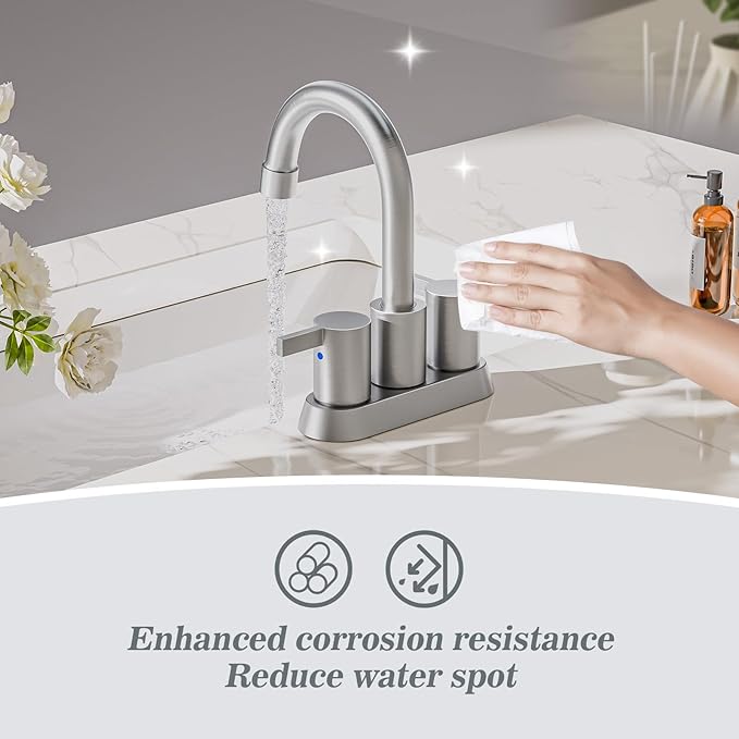 Phiestina Brushed Nickel 4 Inch 2 Handle Centerset Lead-Free Bathroom Sink Faucet 2 Pack, with Copper Pop Up Drain and Water Supply Lines,BF15-1-BN-2PACK