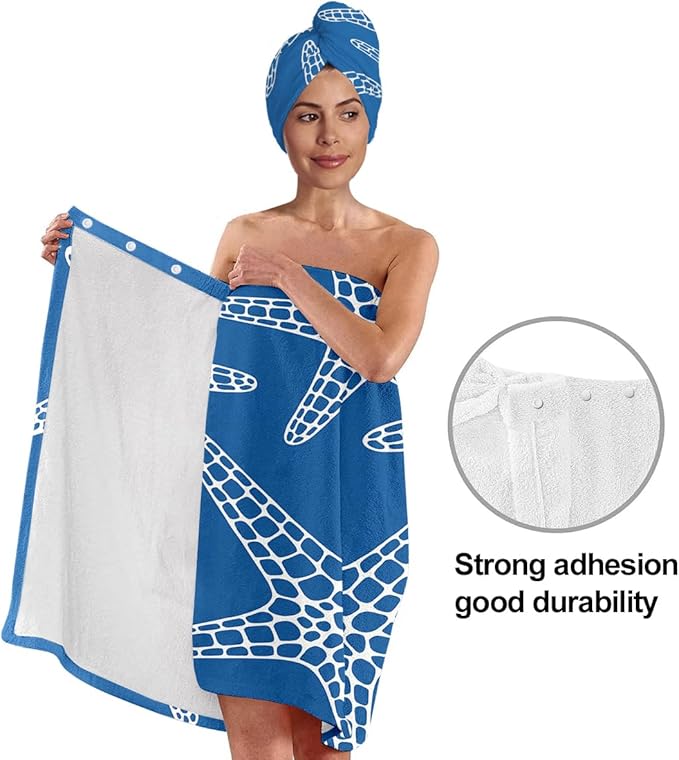 Starfish Towel Wrap for Women with Hair Turban – Quick Dry Microfiber Bath Skirt Set for Shower, Spa, Beach, Dorm – Adjustable Wrap Towel with Adjustable Closure