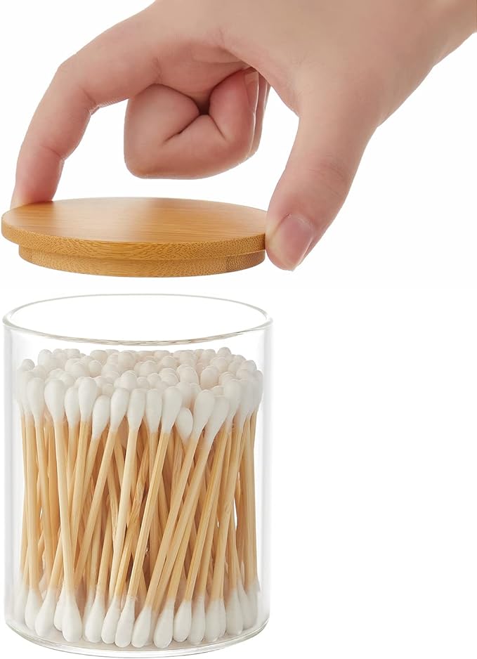 INIUNIK Glass Qtip Holder Dispenser with Bamboo Lid - 2 Pack Apothecary Jars - Cotton Balls Pads Swabs Holder Jar - Bathroom Vanity Canisters Jars for Countertop Storage and Organization