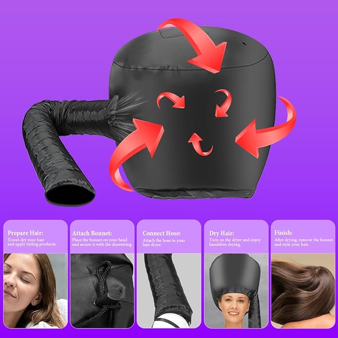 Hooded Hair Dryer Bonnet - Fast Drying for Natural Hair, Deep Conditioning & Curls - Adjustable, Even Heat, Portable Travel (Black)