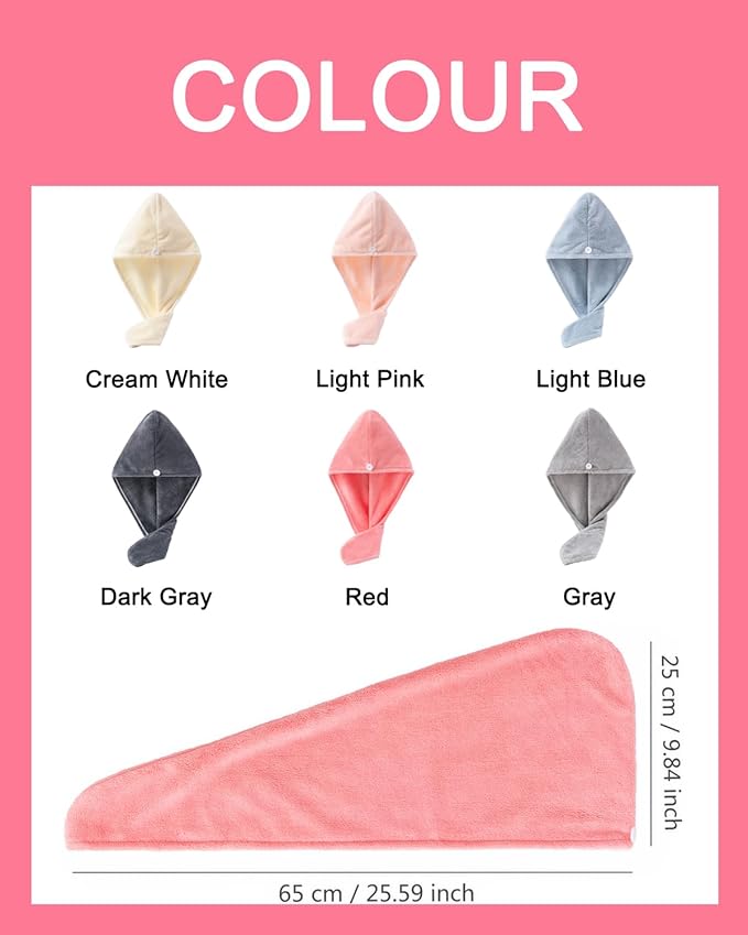 Bath Pre Dry Hair Towel 2 Pack Quick Dry Hair Super Absorbent Lightweight Turban with Button Hair Drying Wrap Shower Wellness, Red Grey