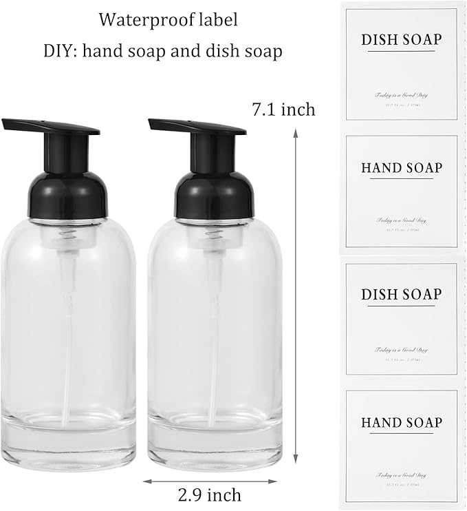 rejomiik Foaming Soap Dispenser Thick Glass Foam for Bathroom or Kitchen Sink, 12.7 oz Clear Pump Bottles for Hand soap, Body Wash, Black 2 Pack