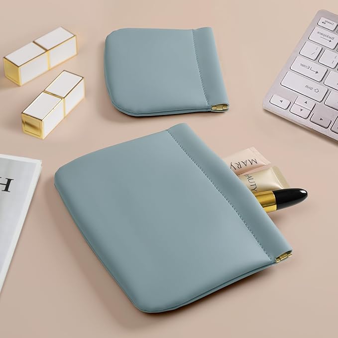 MEIBOOCH 2 Pack Small Makeup Bag for Women, New Organosilicon Super Fiber PU Leather Mini Cosmetic Bag for Travel, Coin Purse Organizer Storage Pouch (No Phrase Printed, Blue)