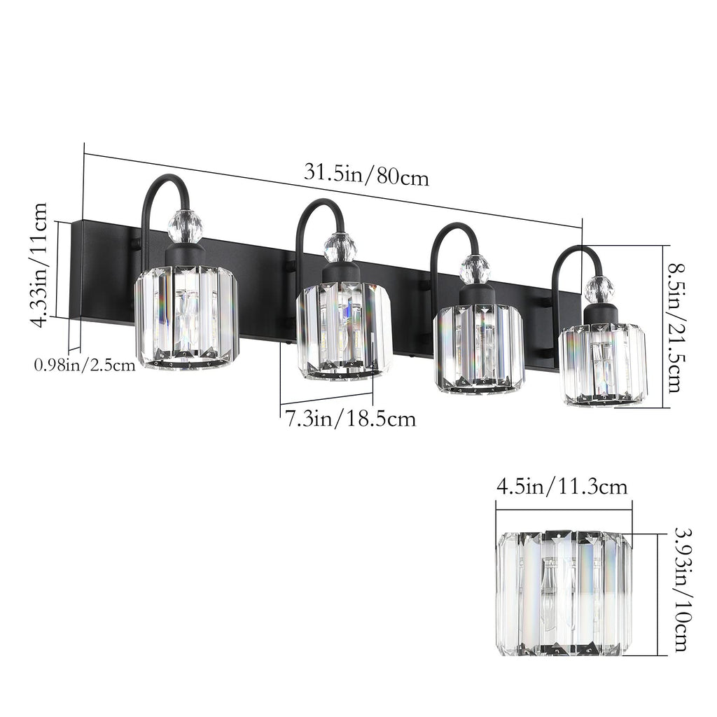 Ralbay Modern Black Vanity Light - 4-Light Crystal Bathroom Wall Light Fixtures in Matte Black