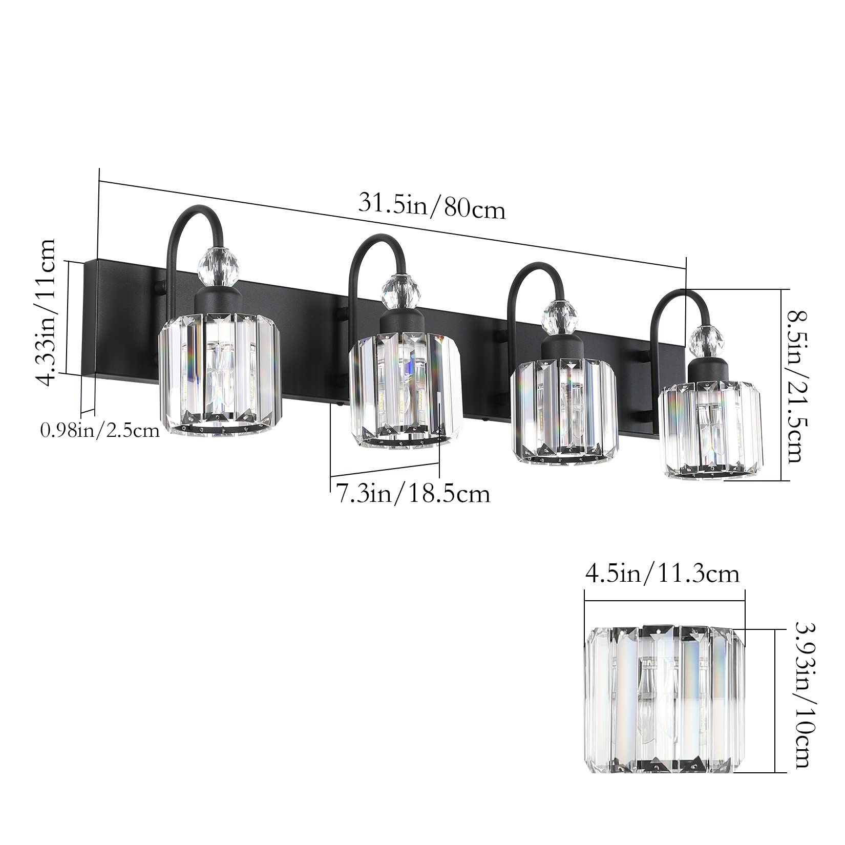 Ralbay Modern Black Vanity Light - 4-Light Crystal Bathroom Wall Light Fixtures in Matte Black